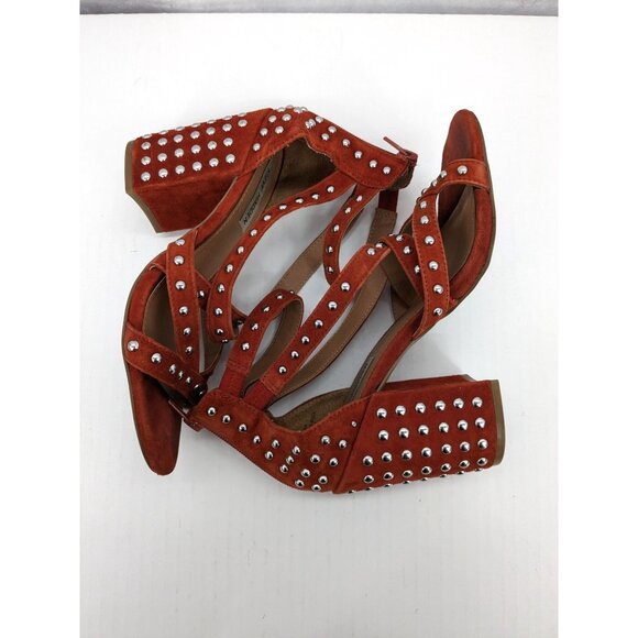 Studded Suede Block Heels Sandals Chunky Rust Boho Western Festival Y2K Size 8 - Picture 7 of 12